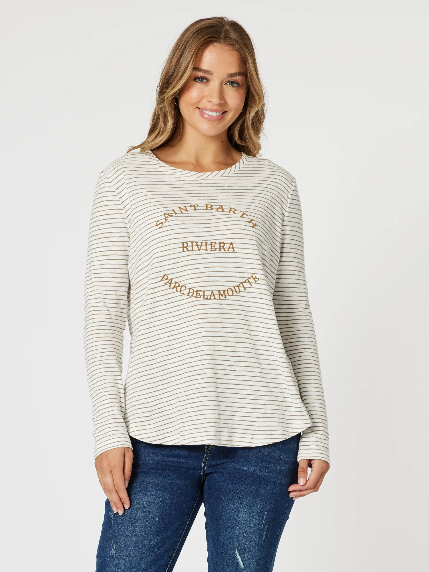 Riviera Long Sleeve Stripe Print Tee - Natural/White
