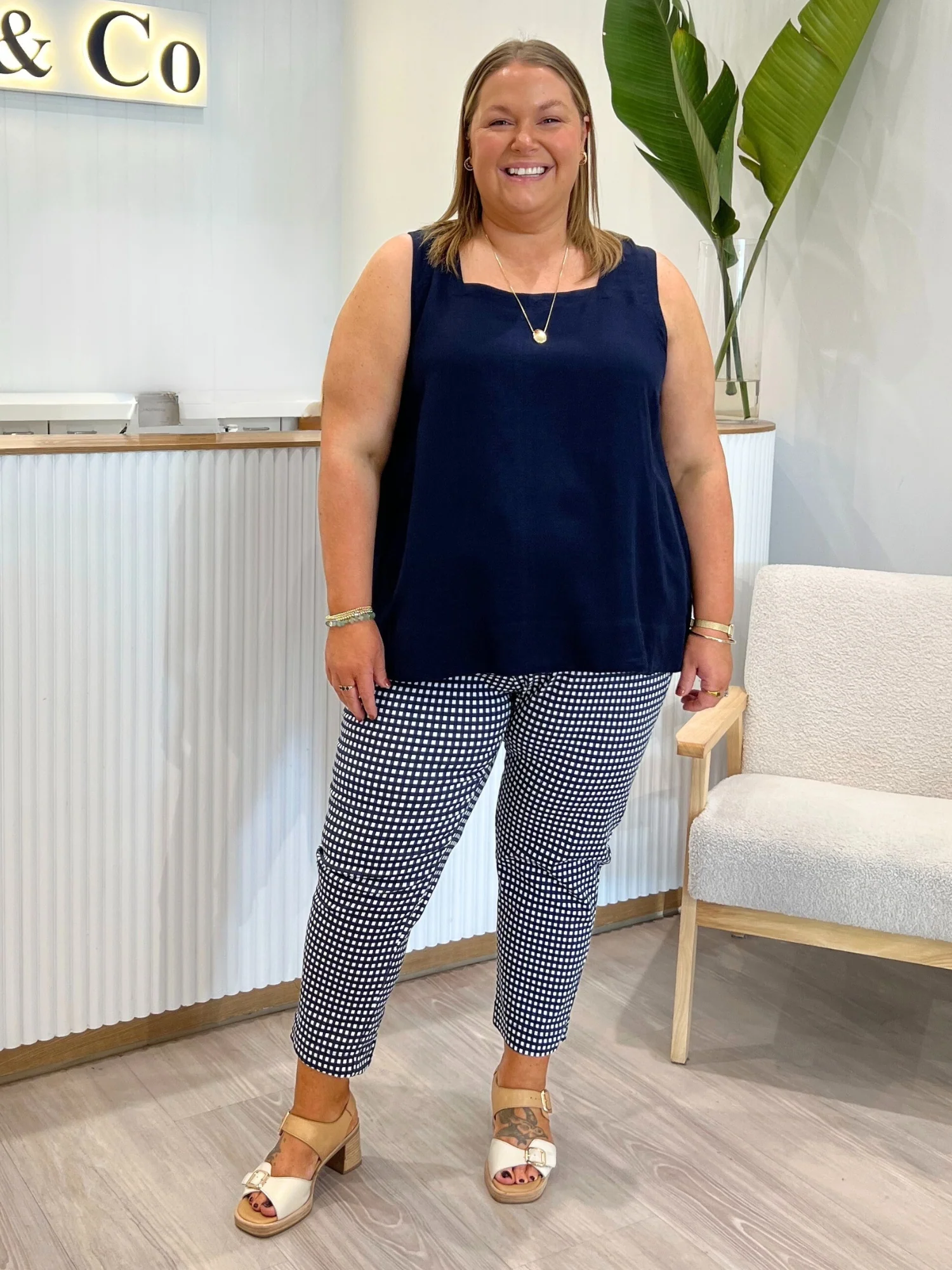 Alexis Gingham Print Pant - Navy