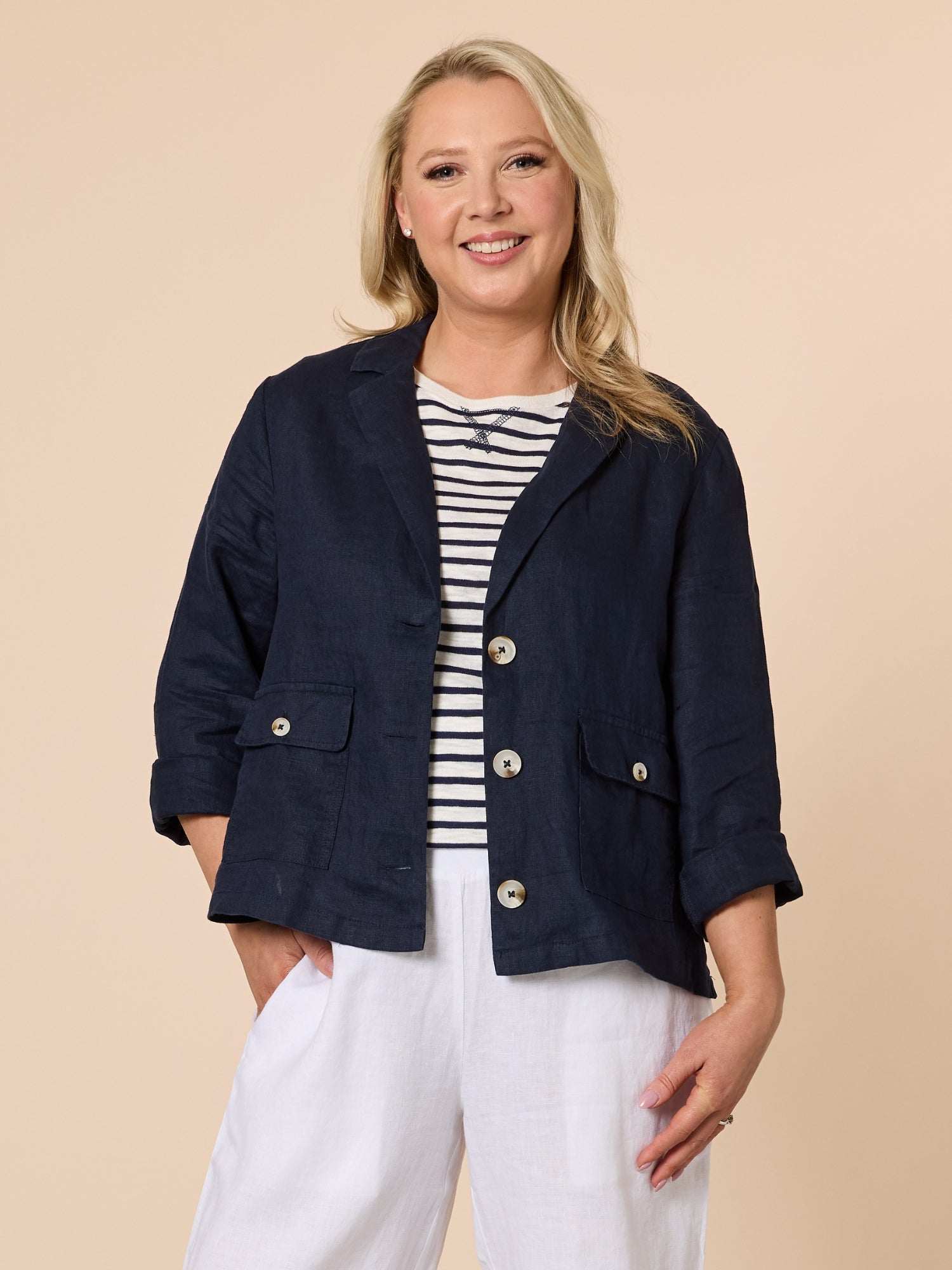 Danielle Linen Cropped Blazer - Navy