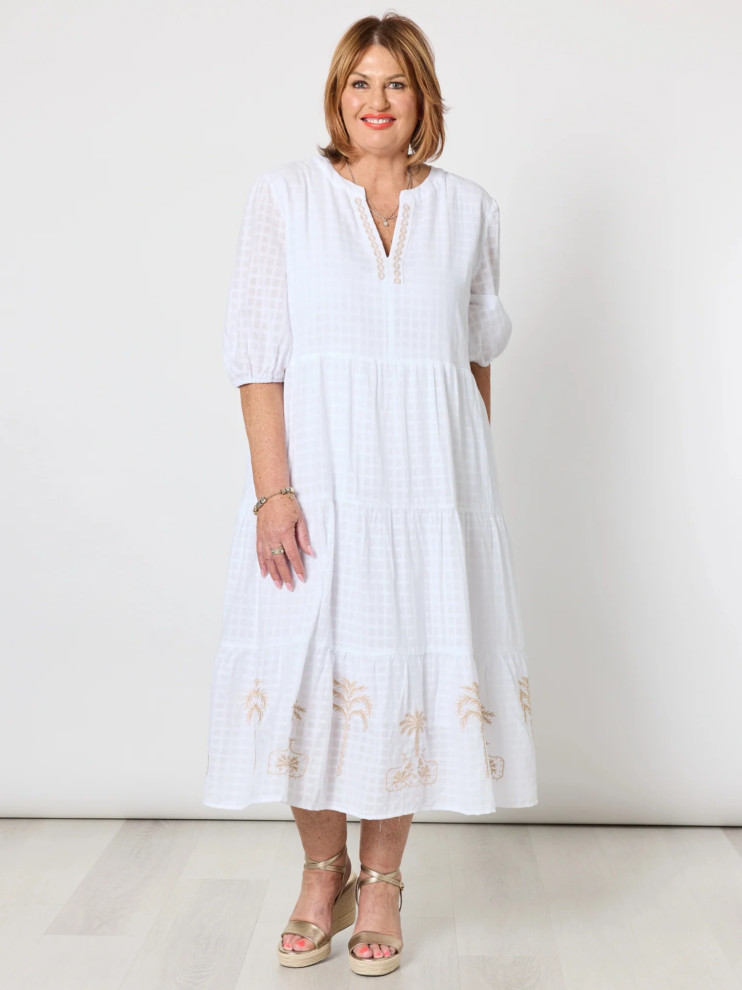 Mykonos Embroidered Dress - White/Gold