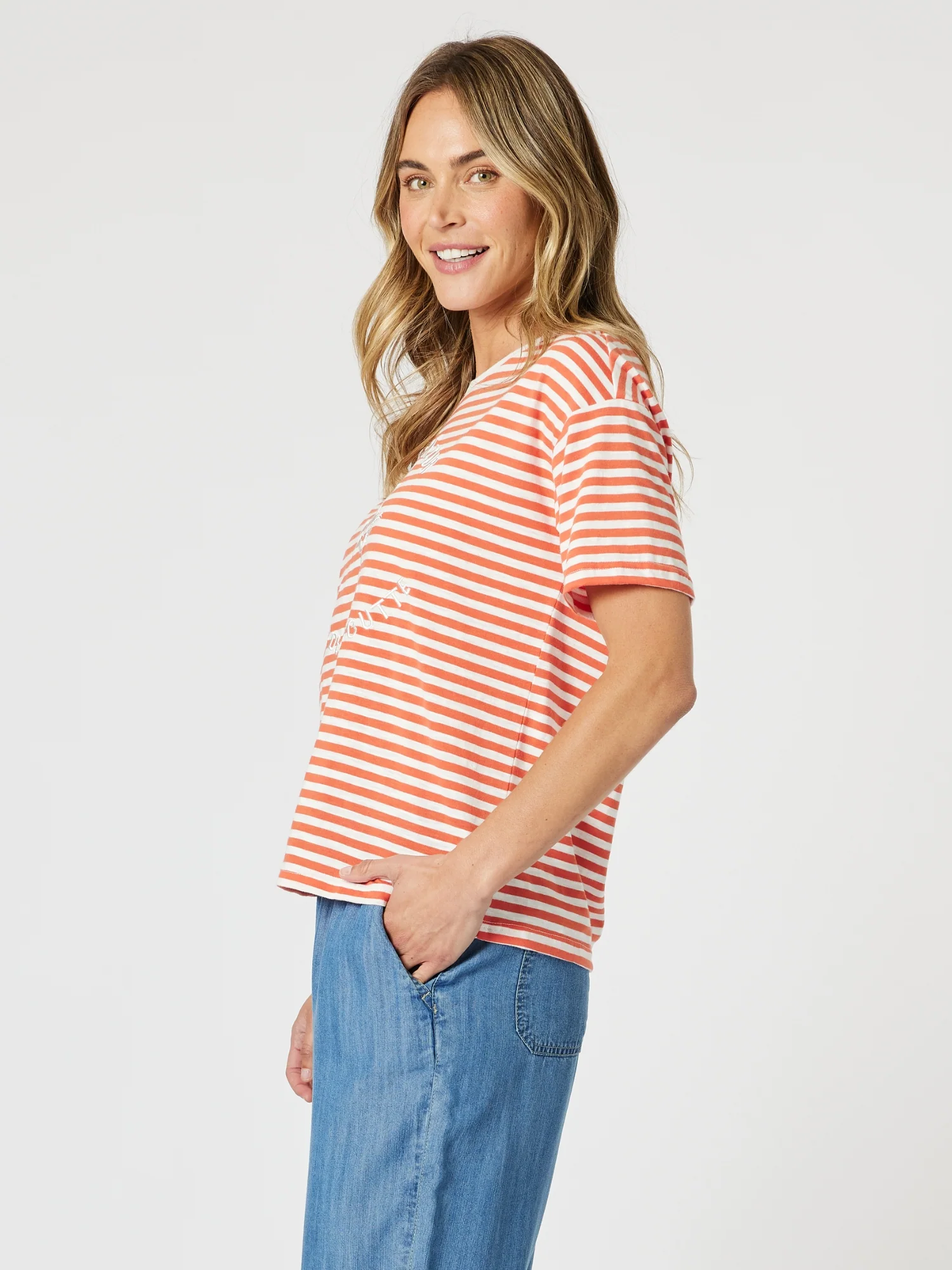 Cote d'Azur Stripe Tee - Papaya White