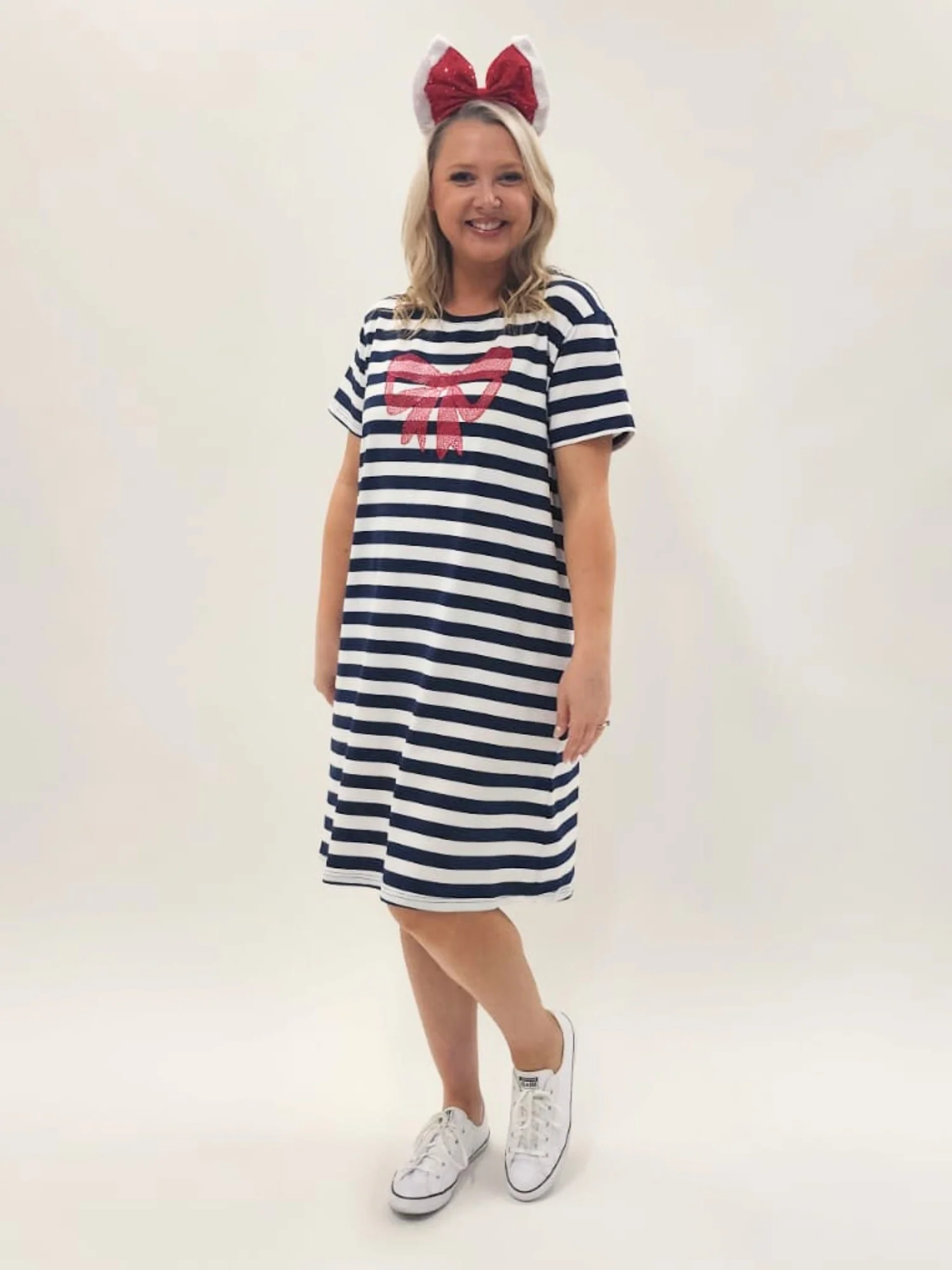 Red Bow Stripe Print Dress - Navy/White