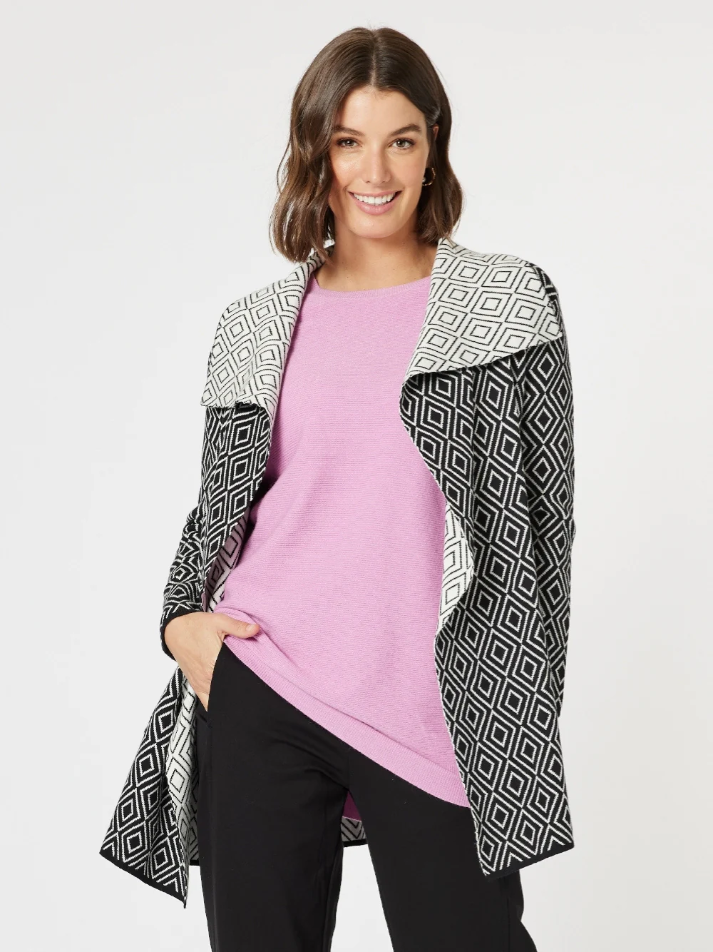 Chevron Knit Cardigan - Black/White