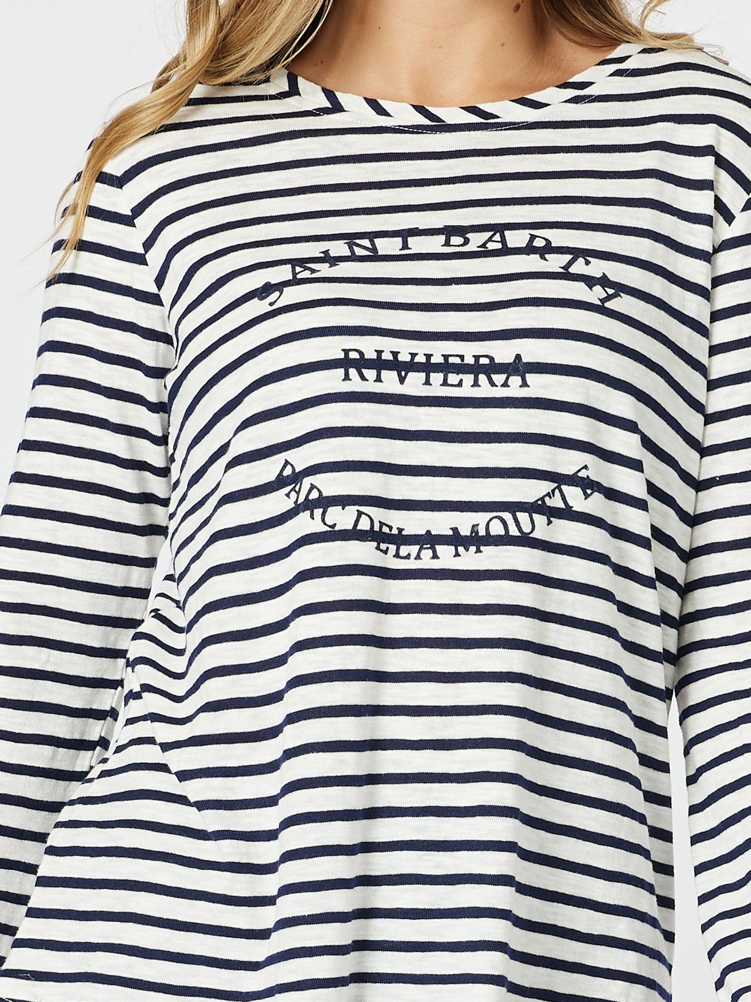 Riviera Stripe Print Long Sleeve Tee - Navy/White