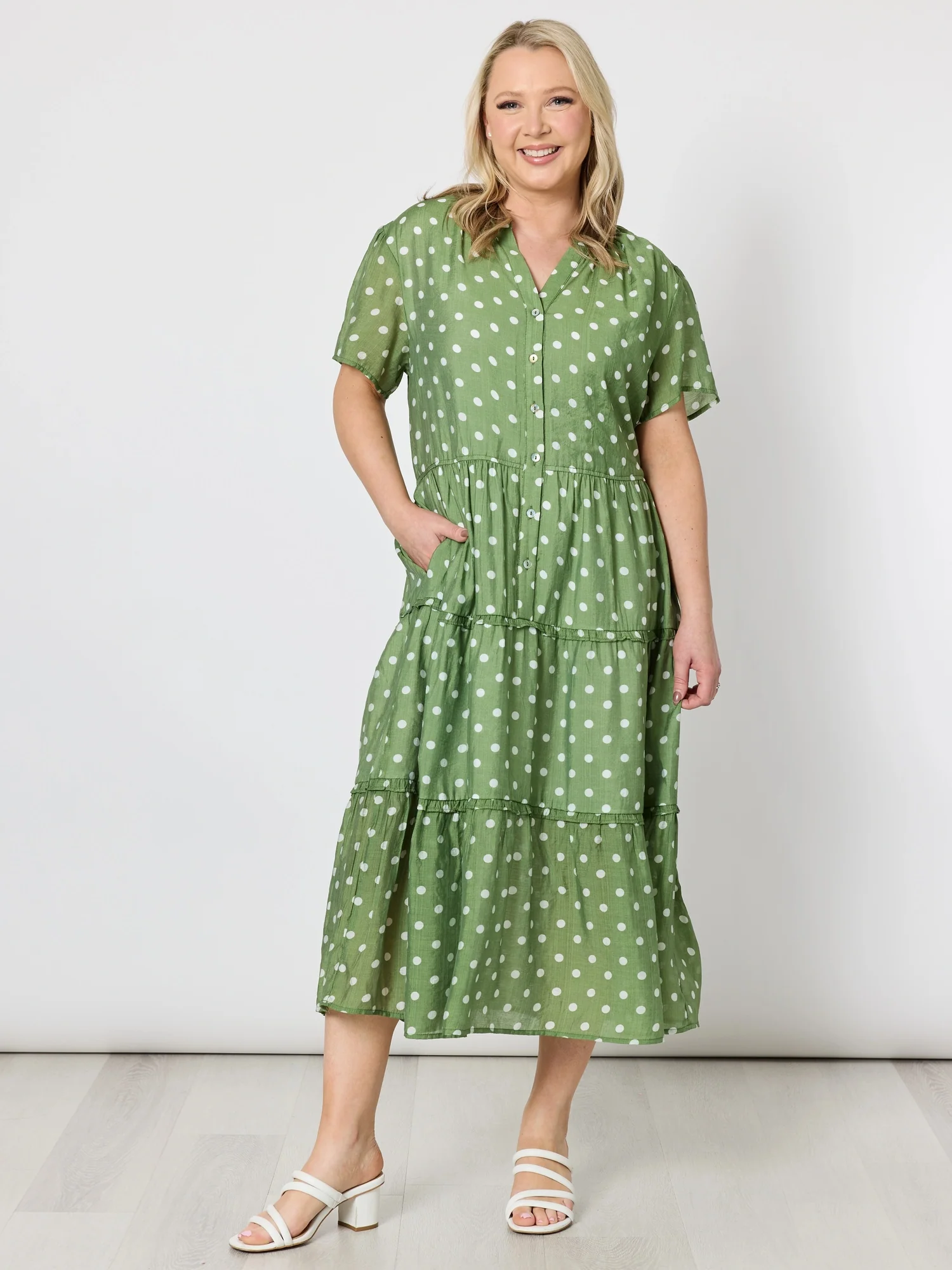 Basil Spot Print Dress - Basil/White