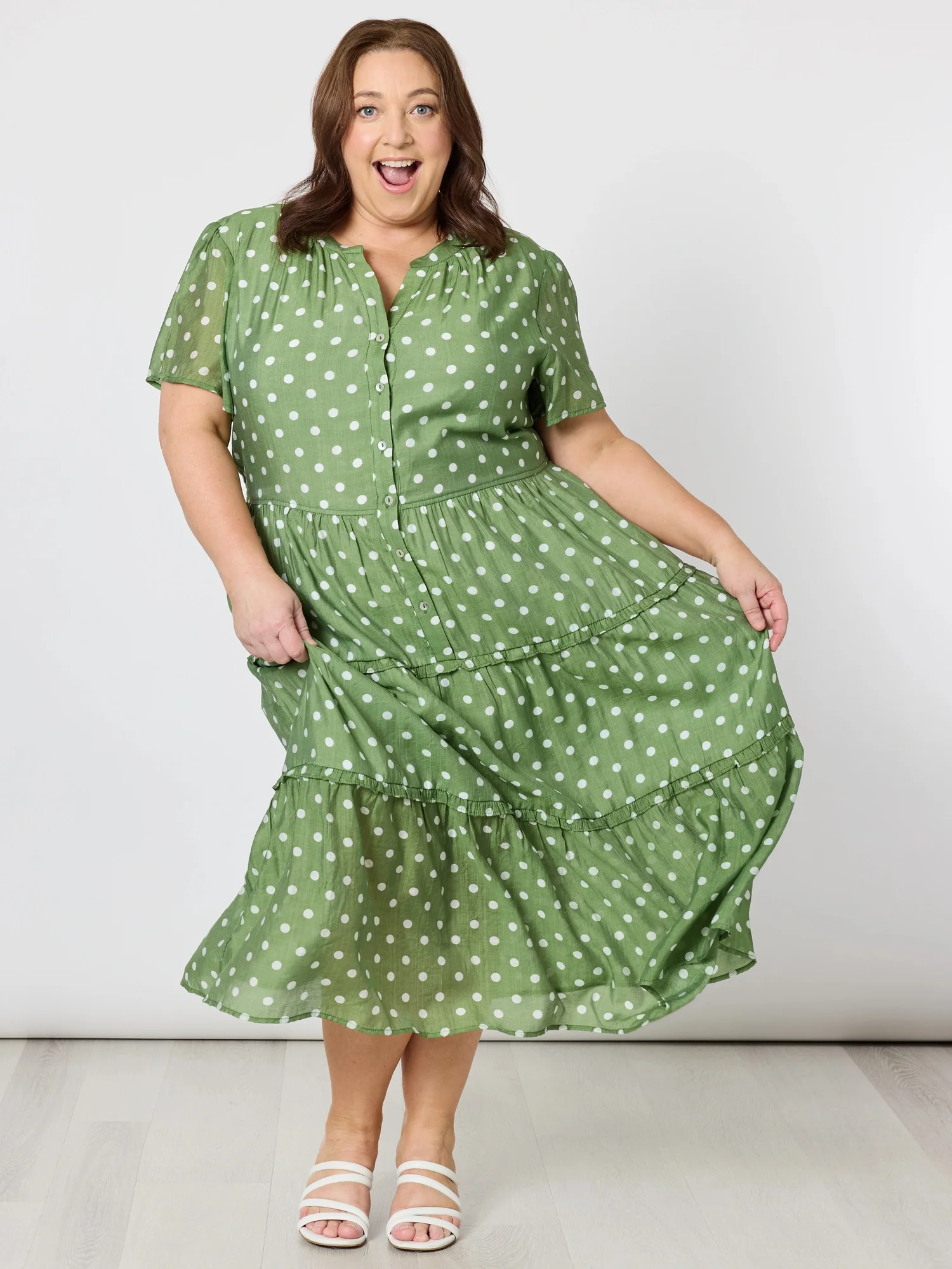 Basil Spot Print Dress - Basil/White