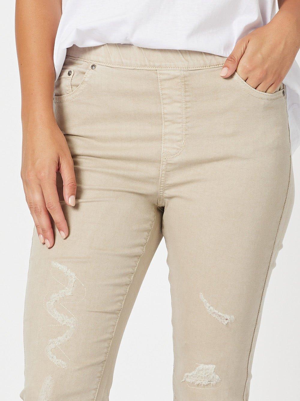 LA Distressed Pull On Stretch Denim Jean - Natural