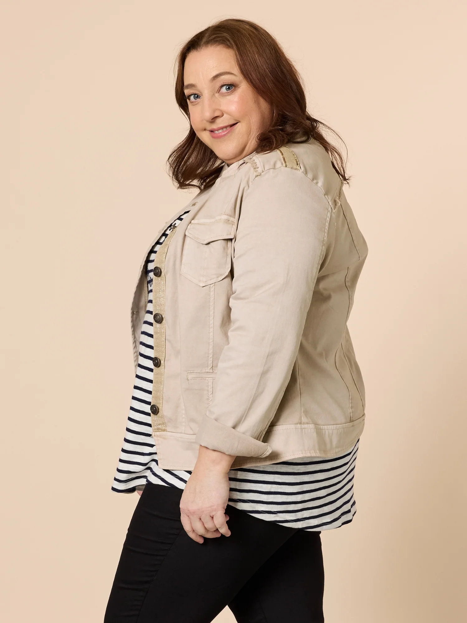 Military Style Denim Jacket - Natural