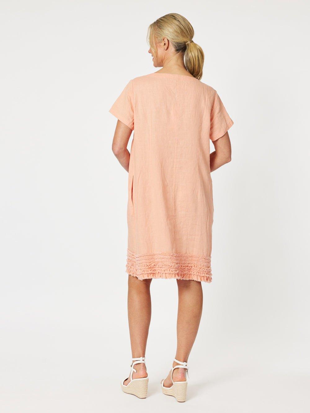 Ruffle Hem Linen Dress Scoop Neck - Mandarine