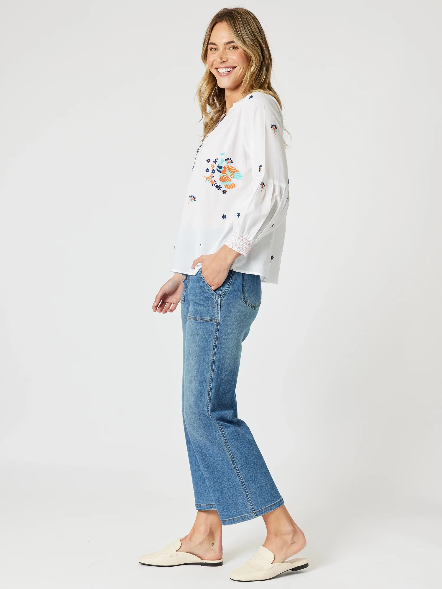 Birdie Embroidered Blouse - White Multi