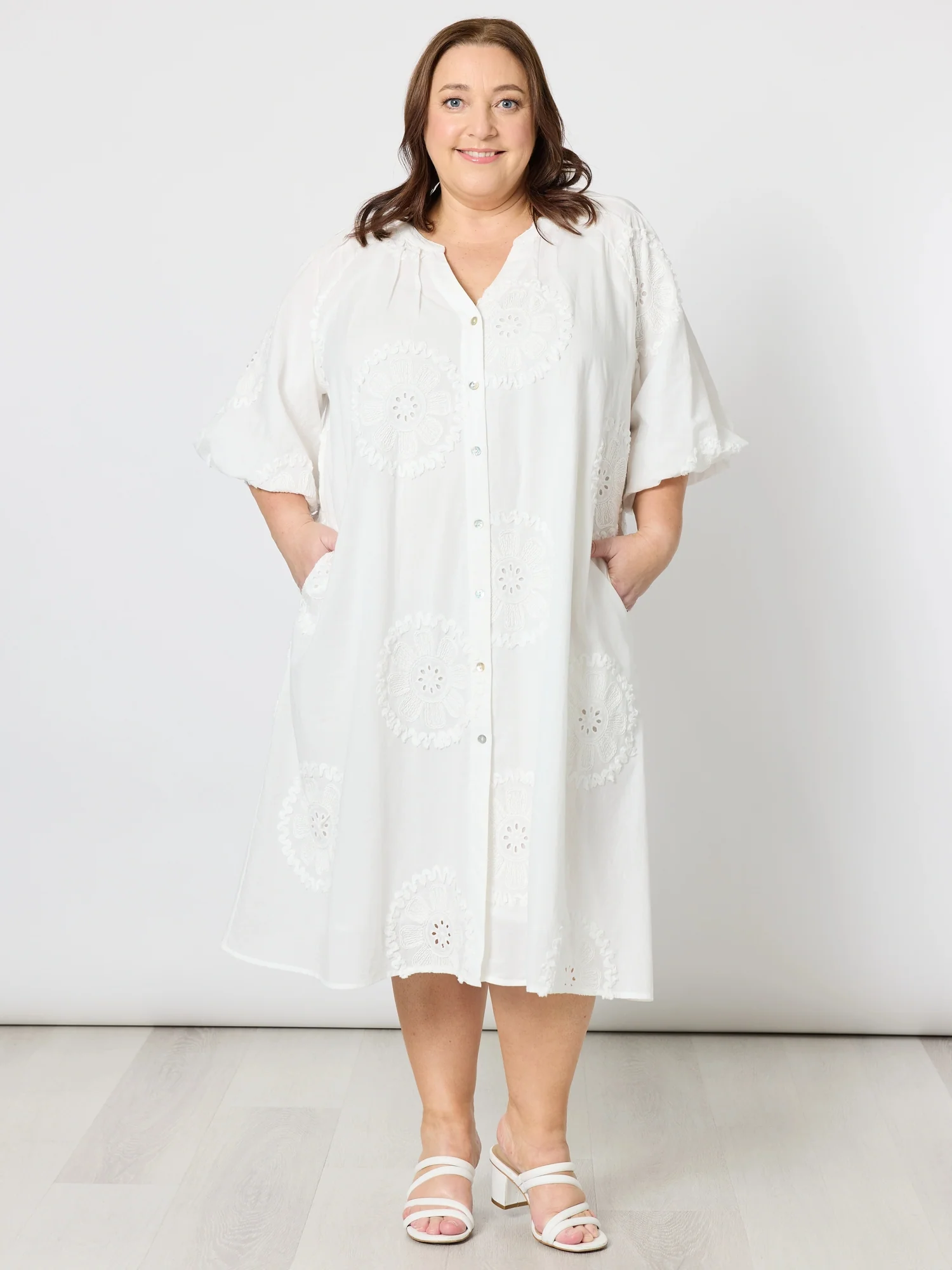 Emanuella Embroidered Button Dress - White