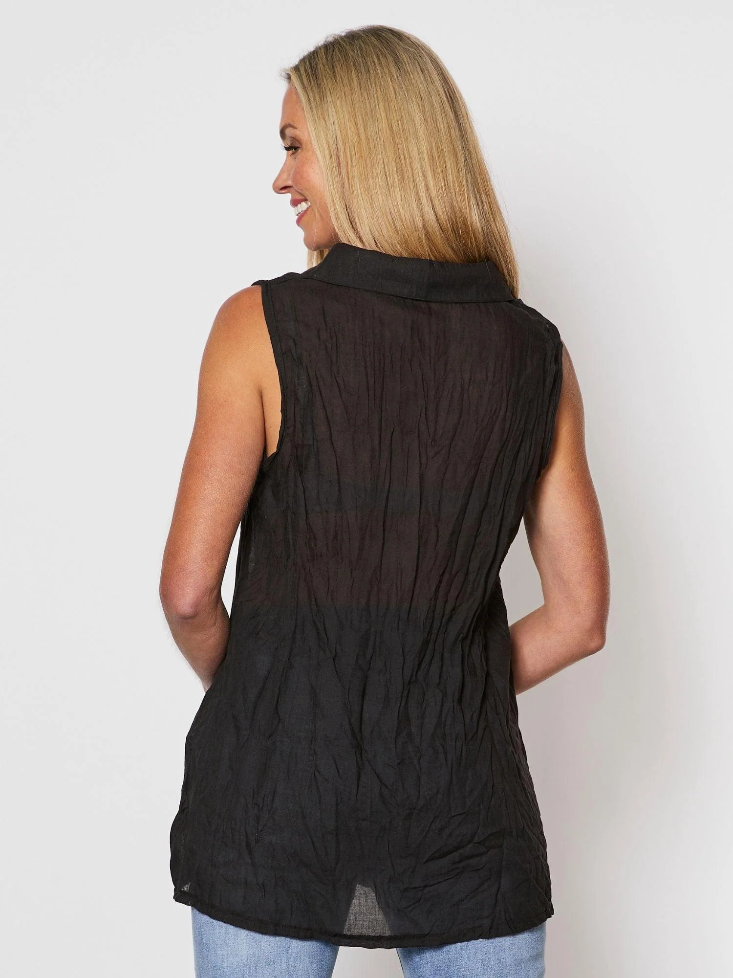 Collared Crushed Layering Top - Black