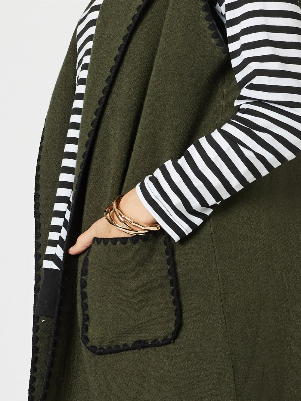 Cosy Contrast Stitch Hooded Vest - Khaki