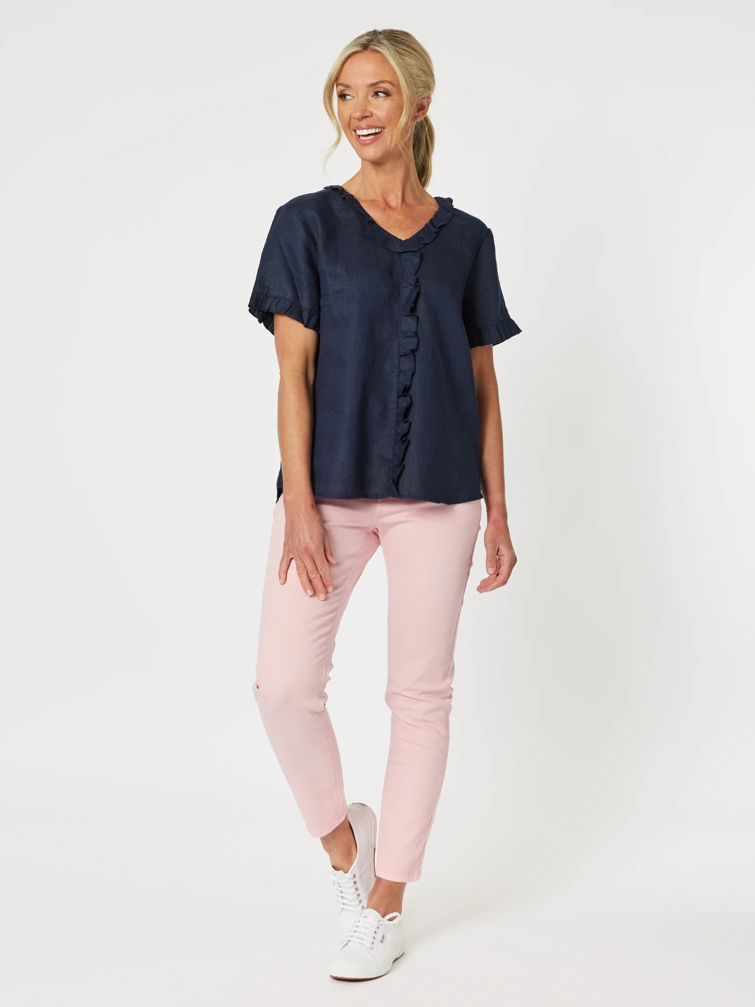 Tiffany Ruffle Linen Top - Navy