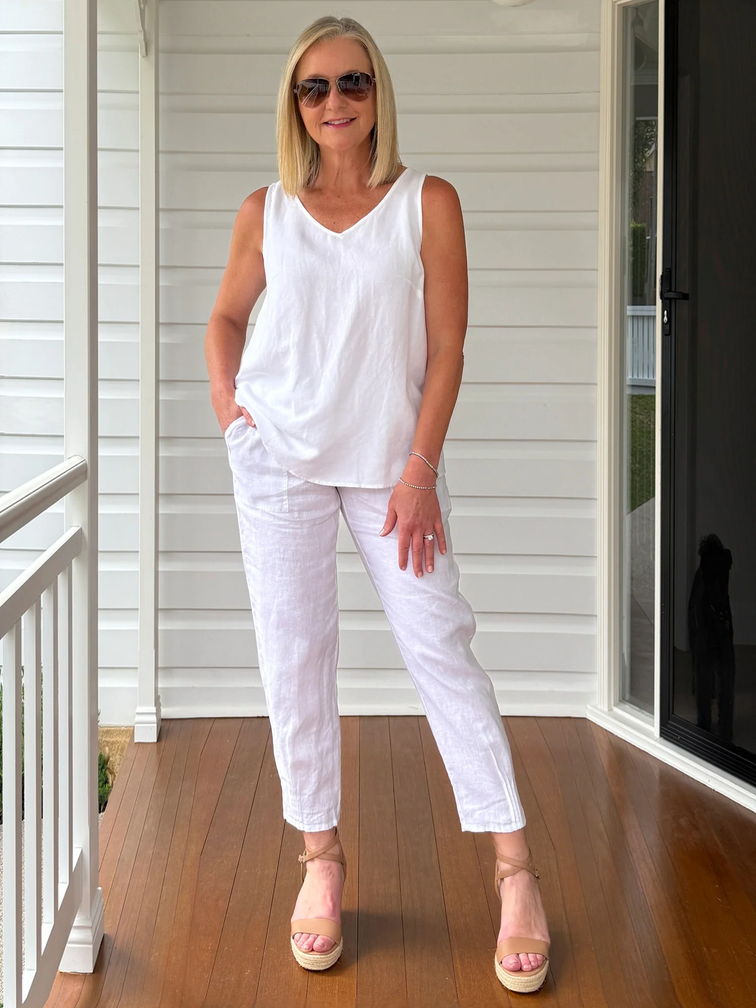 Sarah Linen Pleat Hem Pant - White