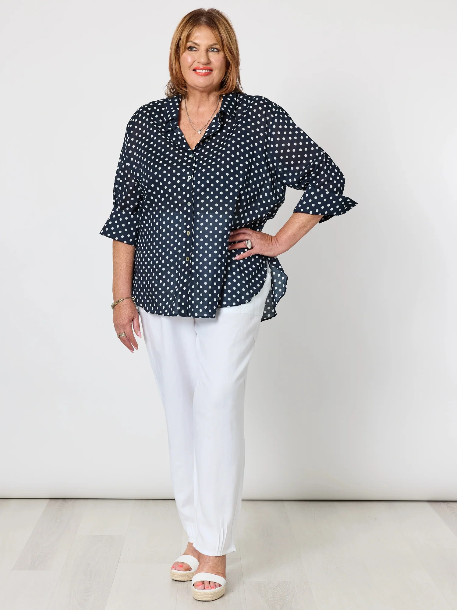 Get Spotty Print Sheer Shirt - Navy/White