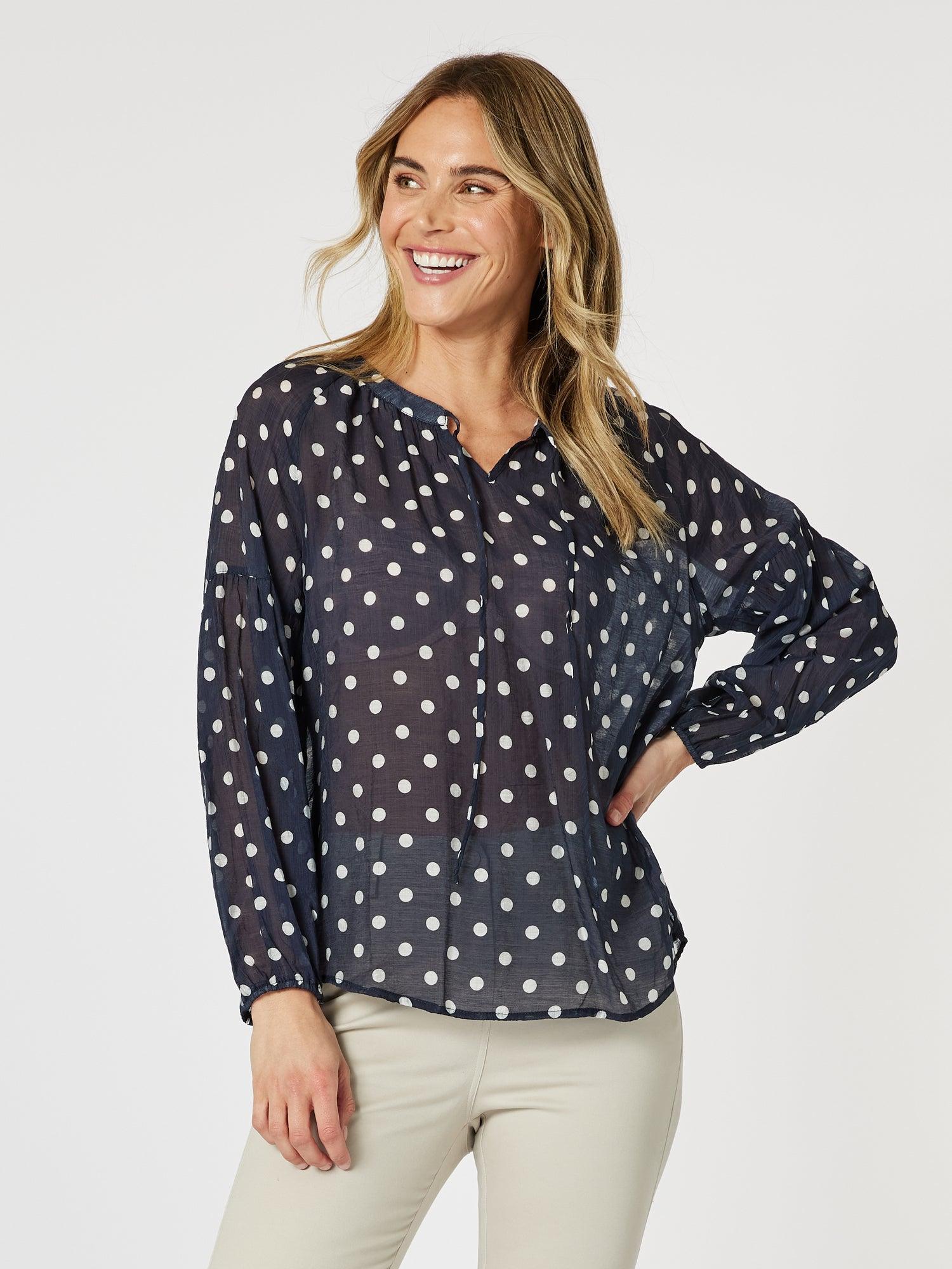 Sorrento Spot Print Sheer Blouse - Navy/White
