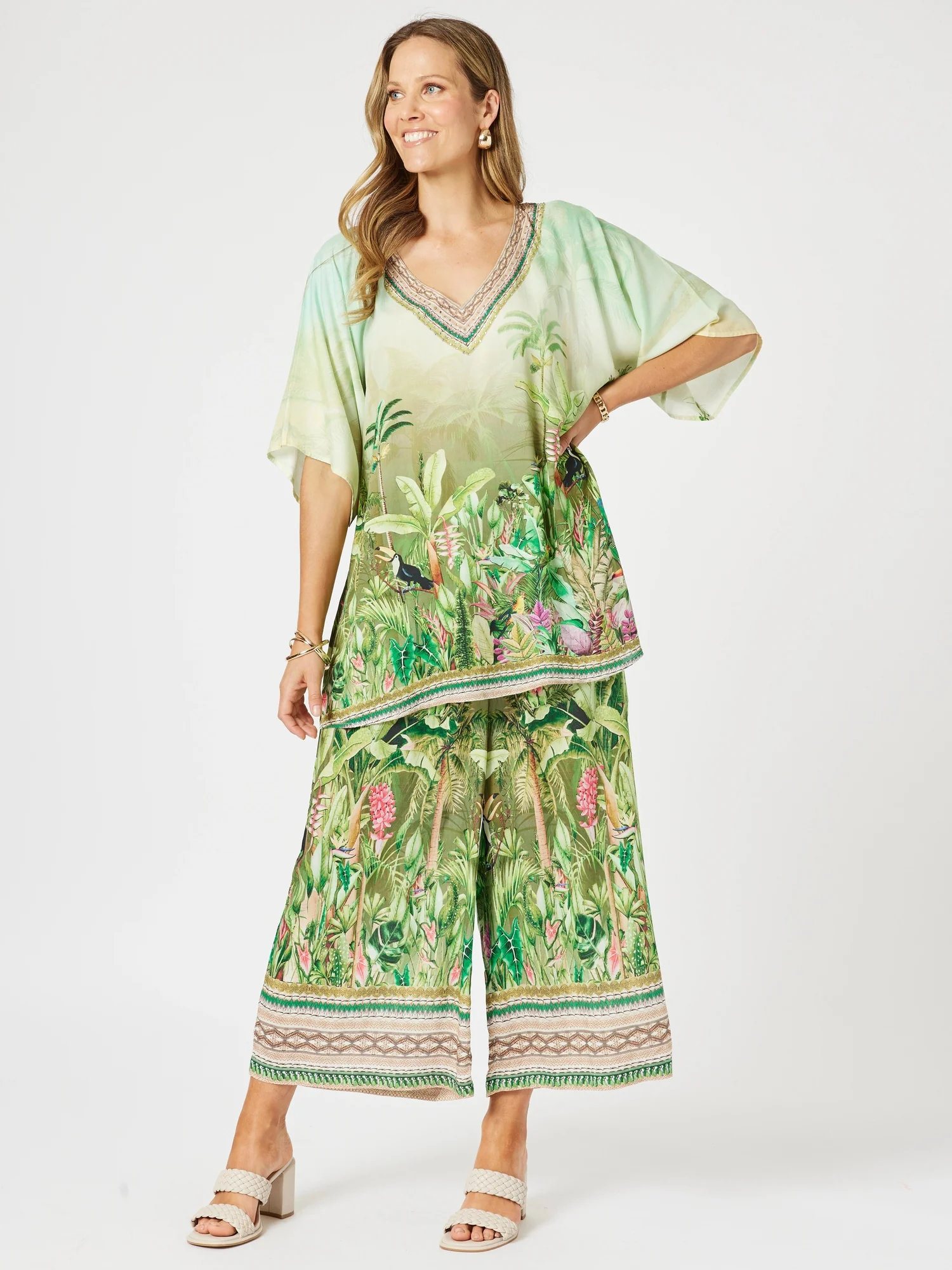 Toucan Print Wide Leg Pant - Green