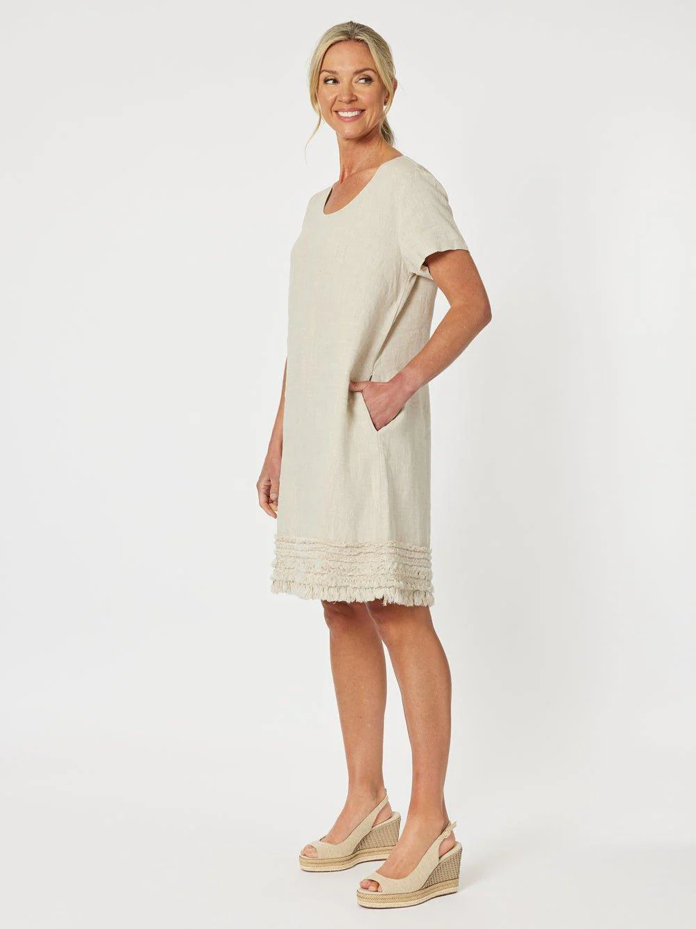 Ruffle Hem Scoop Neck Linen Dress - Natural