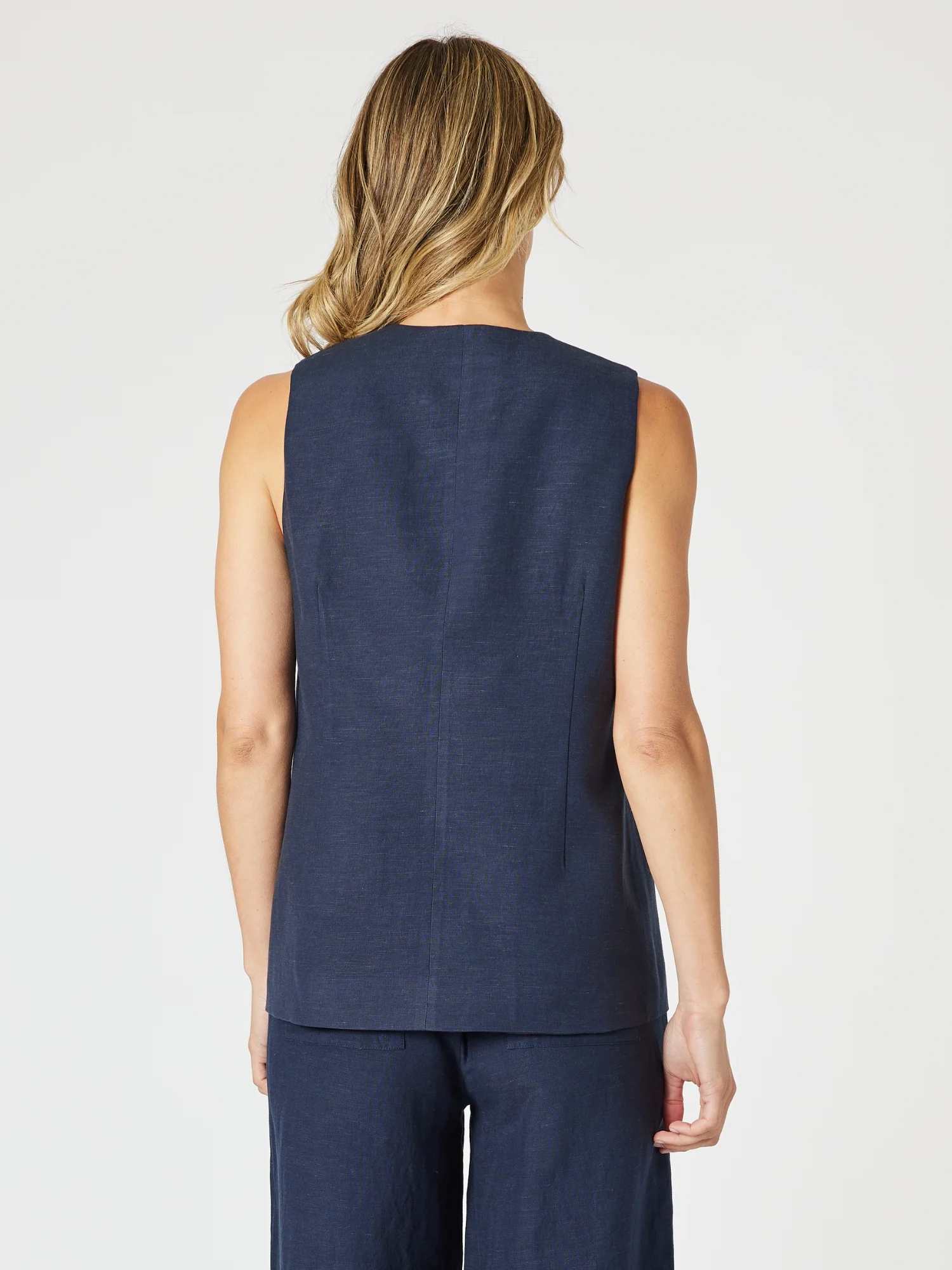 Lino Long Vest - Navy