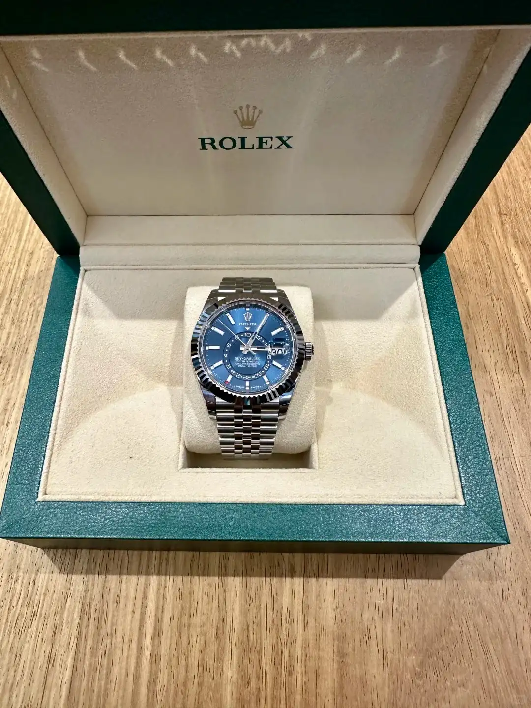 Rolex Sky Dweller Blue Dial White Gold Bezel Steel Jubilee 326934