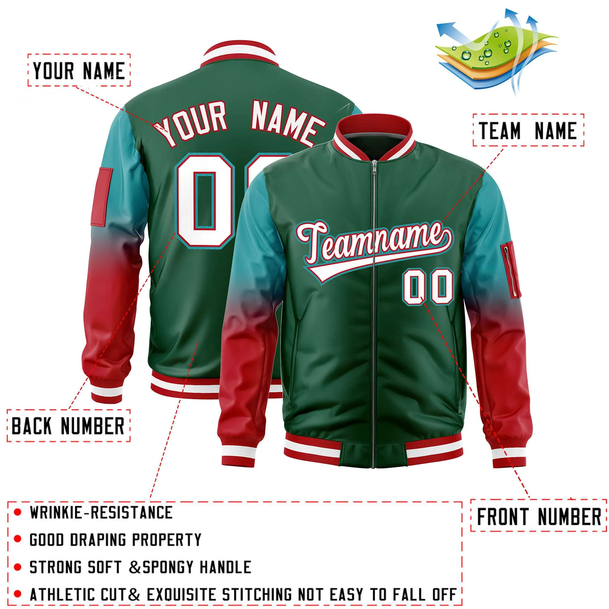 Custom Green Aqua-Red Raglan Sleeve Gradient Varsity Full-Zip Letterman Bomber Jacket