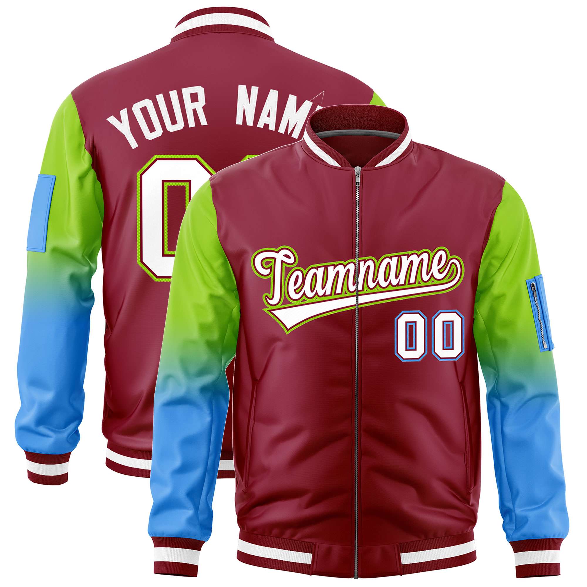 Custom Crimson Neon Green-Powder Blue Raglan Sleeve Gradient Varsity Full-Zip Letterman Bomber Jacket