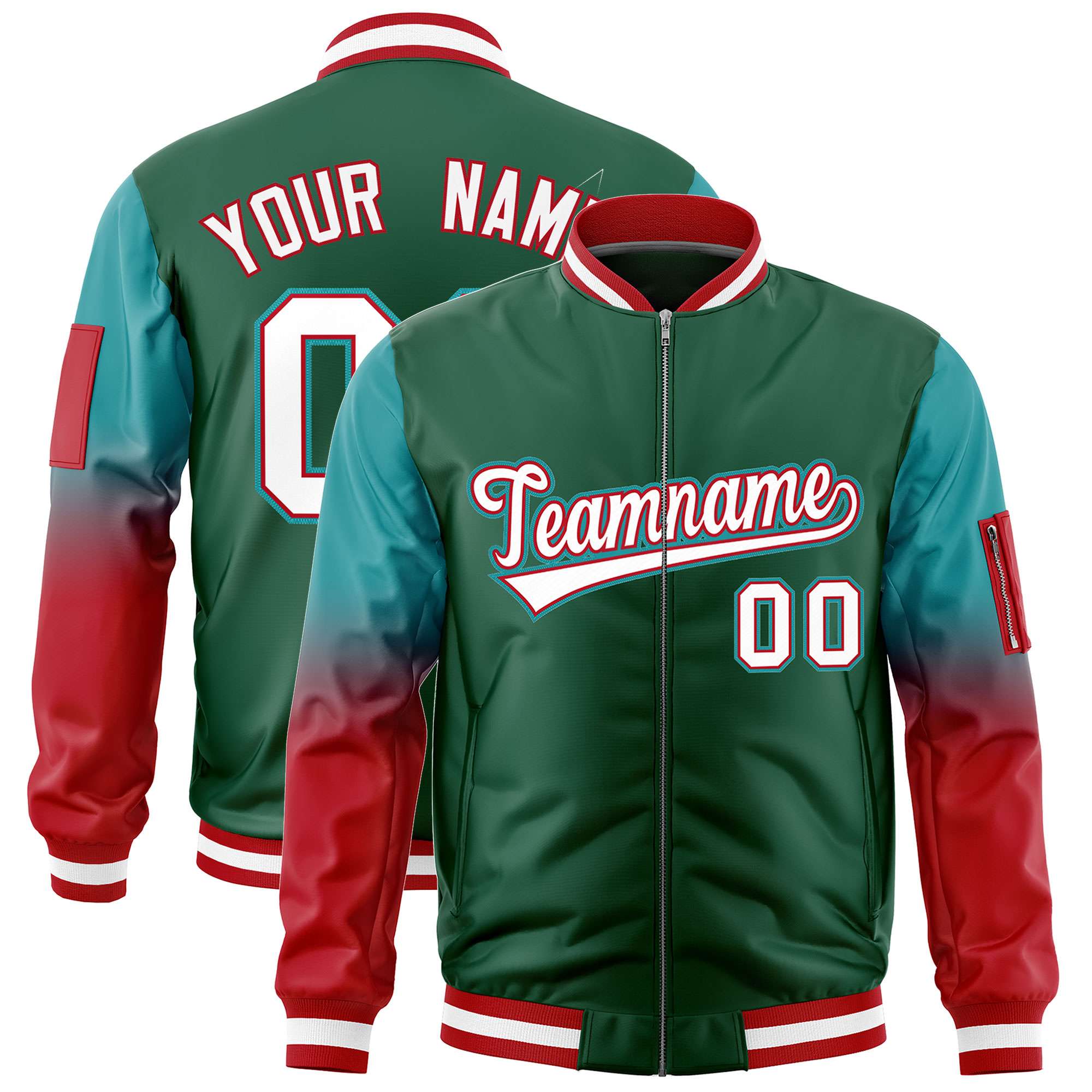 Custom Green Aqua-Red Raglan Sleeve Gradient Varsity Full-Zip Letterman Bomber Jacket