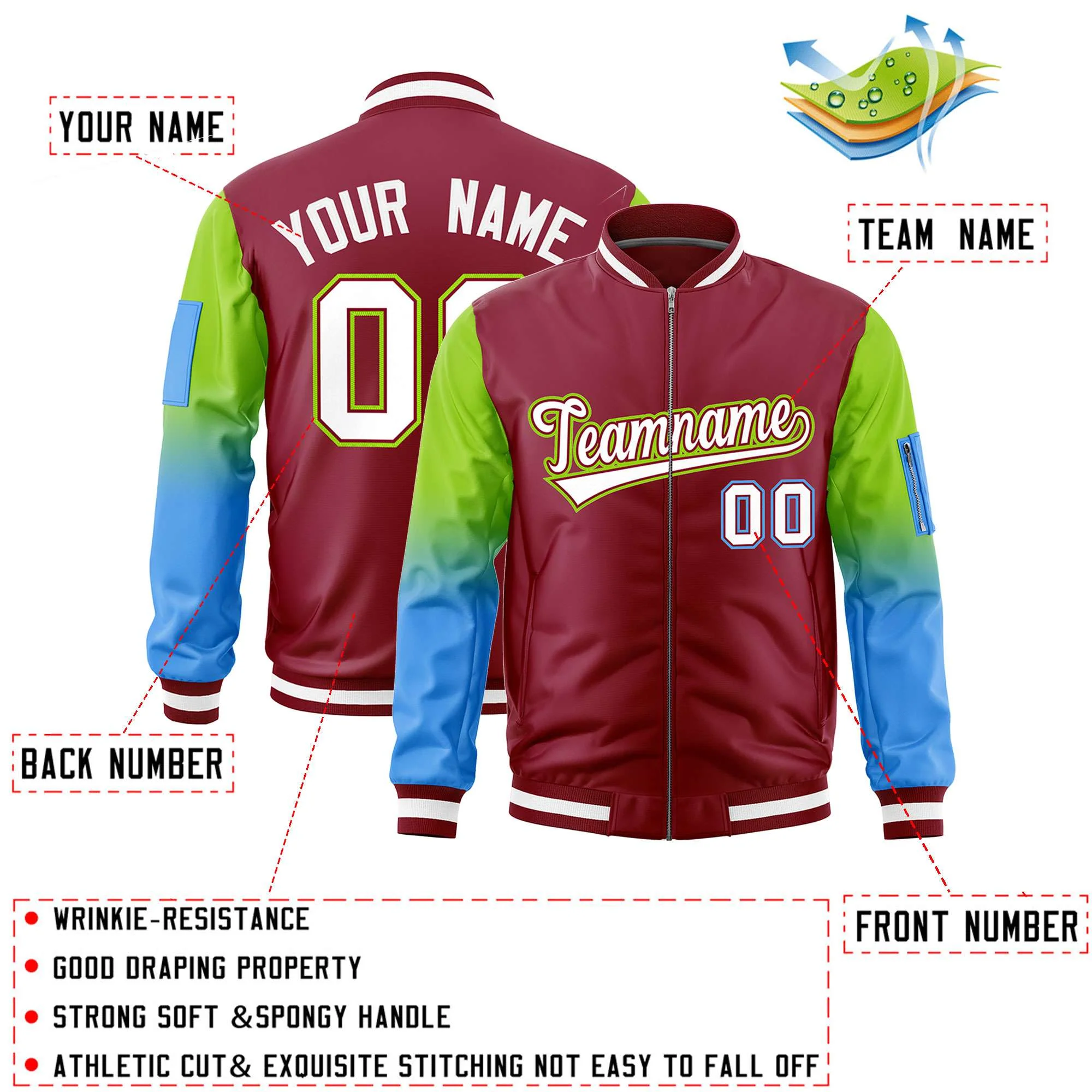 Custom Crimson Neon Green-Powder Blue Raglan Sleeve Gradient Varsity Full-Zip Letterman Bomber Jacket